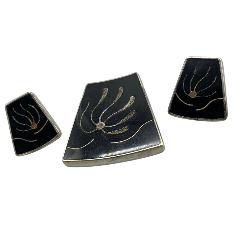 Vintage‎ Sterling Black onyx ModernistsEarrings and pendant Mid Century Beto